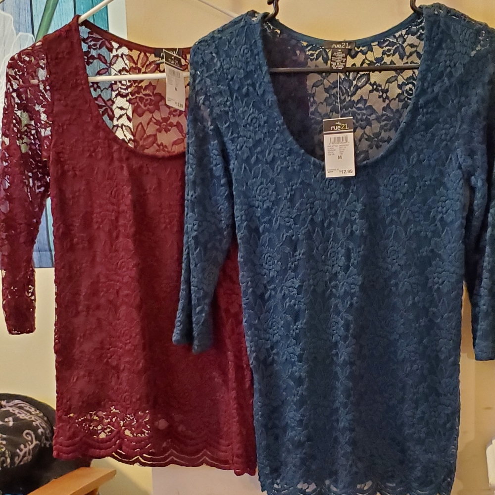 Lace 3/4..sleeve tunics with built-in front.tank